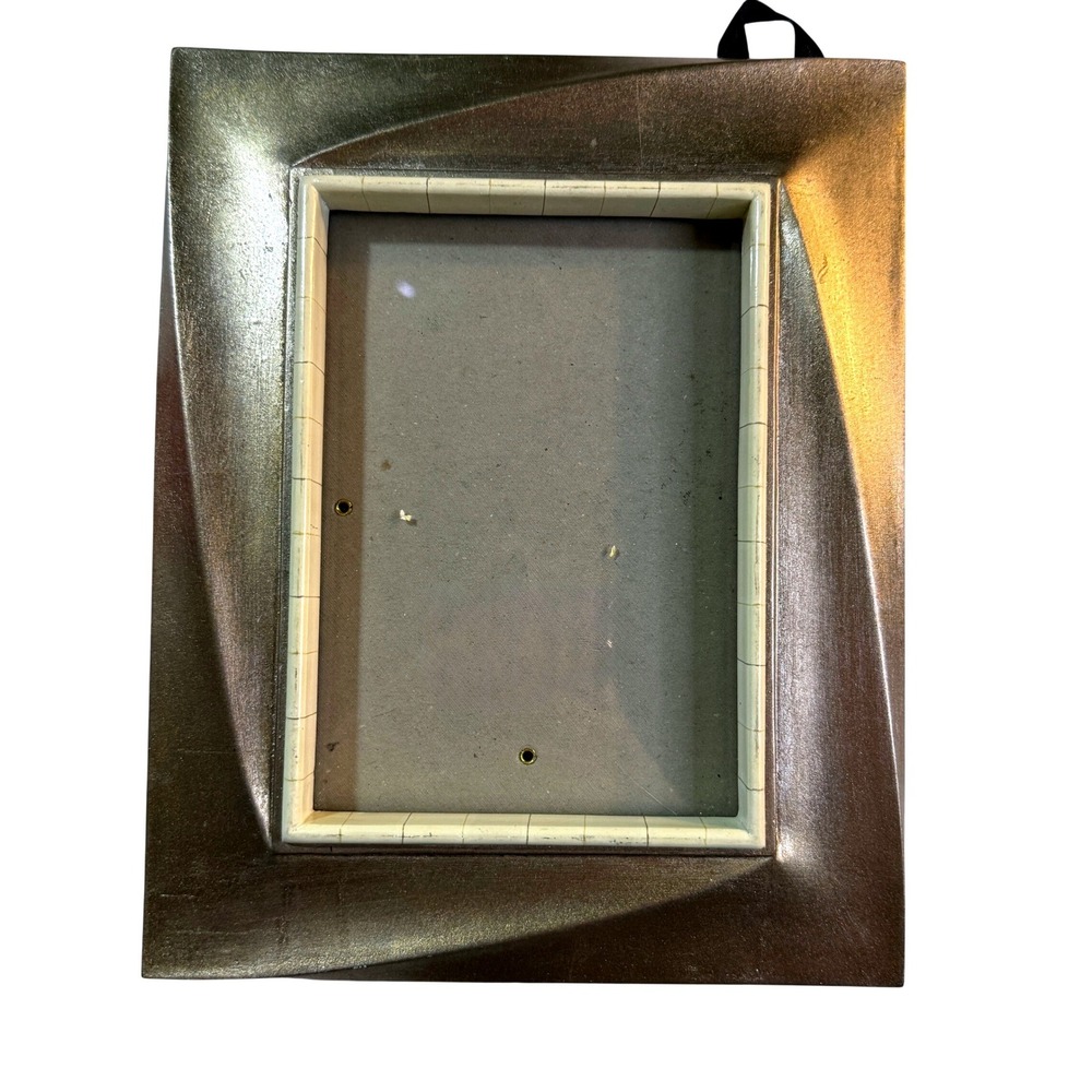 Vintage 90s Terragraphics Metallic Pewter Picture Frame Bone Inlay Art Deco 5x7